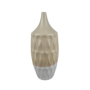 Modern Two Tone Geometric Ceramic Vase Textured Tan and White 11.25 Inch Decor